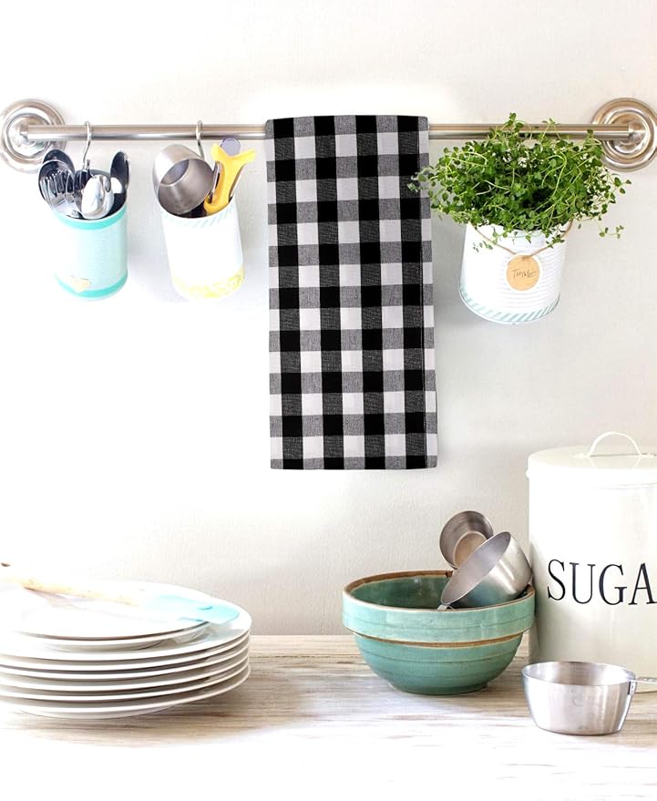 Urban Villa Kitchen Towels 100% Cotton Dish Towels for Kitchen (Set of 6) 20”x30” Dish Cloths Highly Absorbent Kitchen Linen Set with Hanging Loop Perfect for Drying Dishes Cleaning – Black White