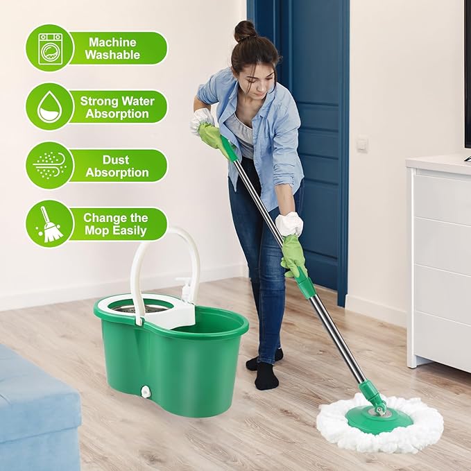 Spin Mop and Bucket with Wringer Set 360°Spin Mop &amp Bucket Floor Cleaning System Mop Bucket with Adjustable Extended Handle 3 Microfiber Replacement Head Refills Green