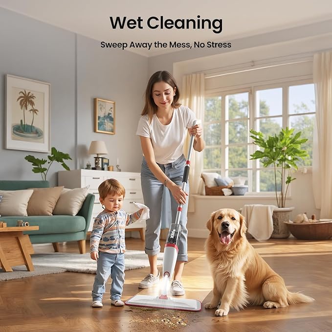 Spray Mops for Floor Cleaning with 3pcs Washable Pads Xlife Wet Dry Mop for Kitchen Wood Hardwood Laminate Ceramic Tiles Floor Dust Cleaning-Red (No Cleaner)