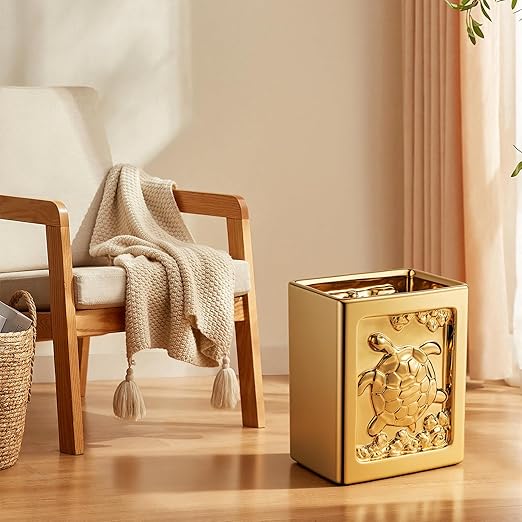 Golden Ceramic Turtle Trash Can - 7L/1.85Gallon Square Garbage Can with Turtle Relief Multi-Use Waste Basket for Kitchen Bathroom Bedroom Office Turtle Decor &amp Small Trash Bin