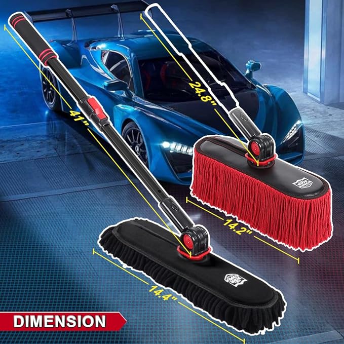 2In1 Brush And Duster For Car ExteriorChenille Car Wash Brush Mop*1PCWax Cotton Car Duster Mop*1PC Remove DustFreely Switch A Retractable Black Steel PoleCar Cleaning Supplies For Truck Rv Boat