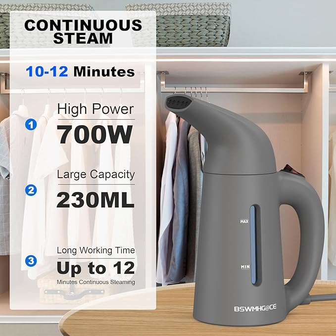 Steamer for Clothes Handheld Garment Steamer Portable Clothes Steamer Remove Wrinkle 180ml Water Tank 12 minutes Continuous Steam 2.3 meter Cord Ideal for ALL Fabrics One button Design (Gray)