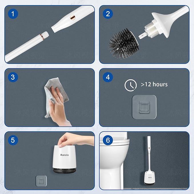 Electric Toilet Bowl BrushSilicone Toilet BrushToilet Bowl Brush and Holder Set with Ventilated HolderToilet Brush Floor Standing Wall Mounted Without DrillingRechargeable 2packs