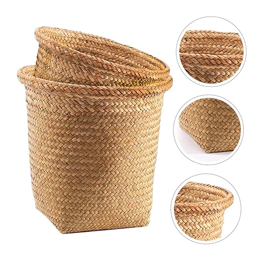 Mobestech 2pcs Woven Wastebasket Round Garbage Can for Bedroom Trash Basket Storage Basket Chic Decorative Waste Container