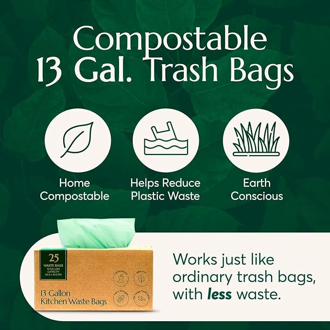 Cleanomic Compostable* 13 Gallon Trash Bags with Drawstring (3 Pack 75 Count) BPI Certified For Kitchen Compost