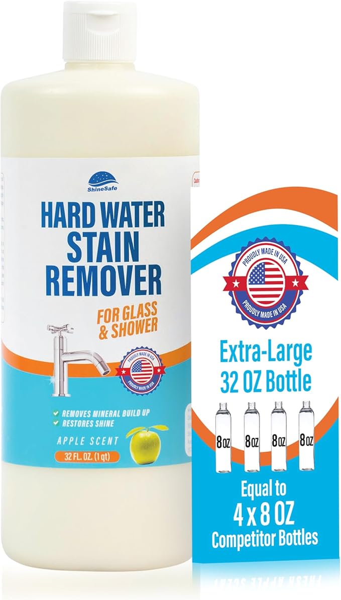 ShineSafe Hard Water Stain Remover – Professional-Grade Calcium Lime Rust Cleaner for Glass Shower Tub Sink – Bleach-Free – 32 Fl Oz