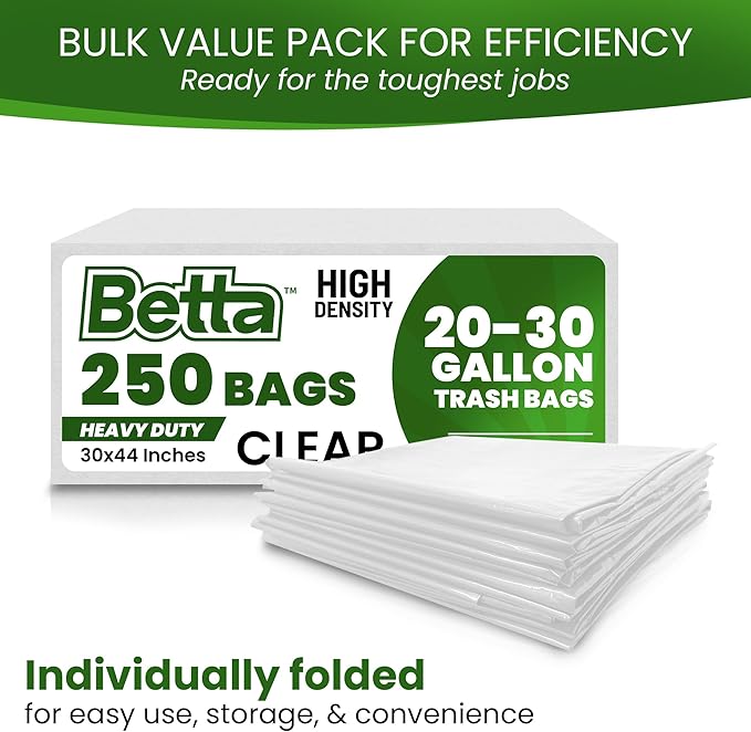 Betta 20-30 Gallon Clear Trash Bags 250 Count Box (30x44-inch) Commercial Heavy-Duty Garbage and Recycling Can Liners 16-20 Gallon Round Cans 15-23 Gallon Slim and Square Cans