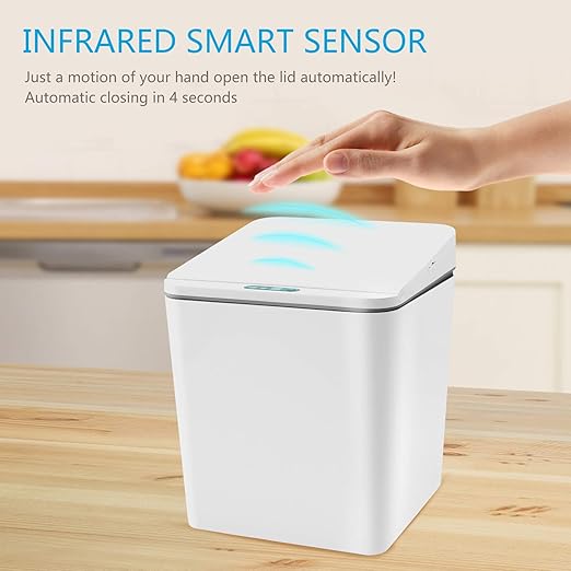 Automatic Small Countertop Trash Can with Lid 1.5 Gal/6L Toucheless Mini Waste Bin for Office Desk/Bedside Table/Coffee Bar -Batteries White