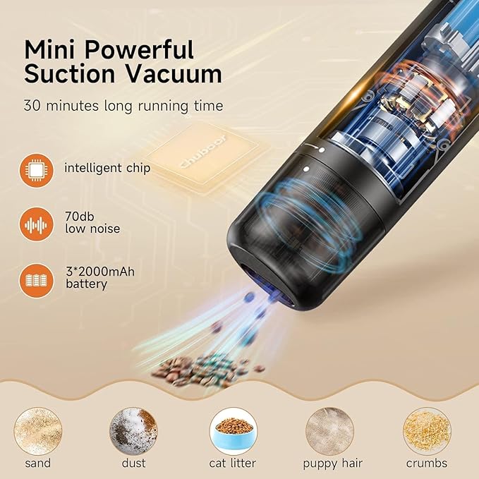 Chuboor Mini Vacuum Powerful Cordless Rechargeable Hand Held Vacuum for Dust Sand Crumbs - Ultra-Light Portable for Home Car - Black