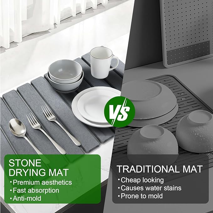 Large Stone Drying Mat for Kitchen Counter Collapsible Stone Dish Drying Mats Water Absorbing Diatomaceous Earth Drying Stone for Kitchen Counter Kitchen Dish Drying Stone Mat 24×16 (White)