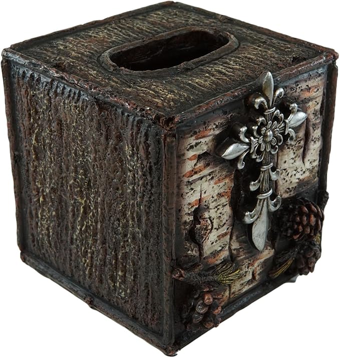 Ebros Gift Rustic Southwestern Inspirational Le Fleur Cross with Birch and Pinecones Bathroom Accessory Resin Sculpture Fleur De Lis Accent (Tissue Box Holder Case)