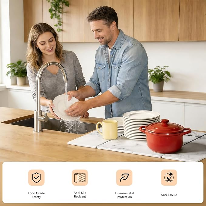 Large Stone Drying Mat for Kitchen Counter Foldable Quick Dry Dish Drying Mat 24x16 Water Absorbent Diatomaceous Earth Mats for Bottles Cups Dishes Modern Kitchen Essentials (White)