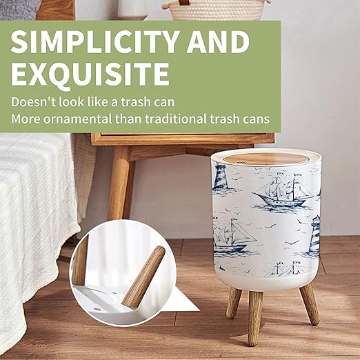 Small Trash Can with Lid Vintage Hand Drawn Nautical Toile De Jouy Seamless Lighthouse Wood Legs Press Cover Garbage Bin Round Waste Bin Wastebasket Kitchen Bathroom Office