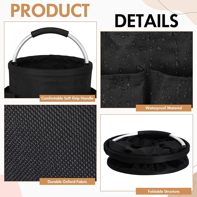 LemonRoad 4 Pack Cleaning Caddy with Handle 17L Foldable Cleaning Supplies Organizer Oxford Cloth Storage Basket with 6 Pockets &amp Soft Grip Portable Multi Bucket Bag for Home Garden (Black)