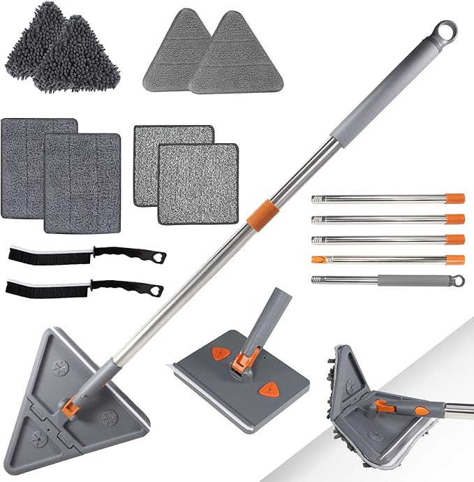 85'' Wall &amp Ceiling Mop with Long Handle Wall and Baseboard Cleaner Tool 2 Mop Heads (Triangle Corner + Square) 8 Reusable Washable Pads (Chenille/Microfiber/Scrub) for Shower Walls Tile Floo