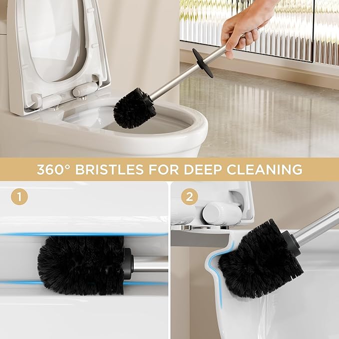 FORIOUS Toilet Brush and Holder Set Heavy Duty 304 Stainless Steel Base Square and Long Handle for Bathroom Deep Cleaning Drip-Proof Space Saving for Storage 2 Toilet Bowl Brush Head