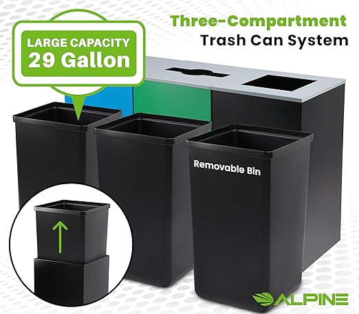 Alpine Indoor Recycling Bin -Commercial Trash Can Recycling Station Combo Customizable 3 Compartment Metal Large Black Blue Green Recycle Trash Cans with Lids &amp Stickers for Office Mall Air