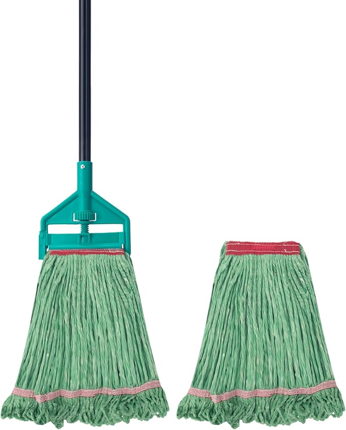 KeFanta 60 Inch Loop-End String Mop Heavy Duty Commercial Mops for Floor CleaningIndustrial Cotton Wet Mop with Extra Mops Head Replacement(Green)