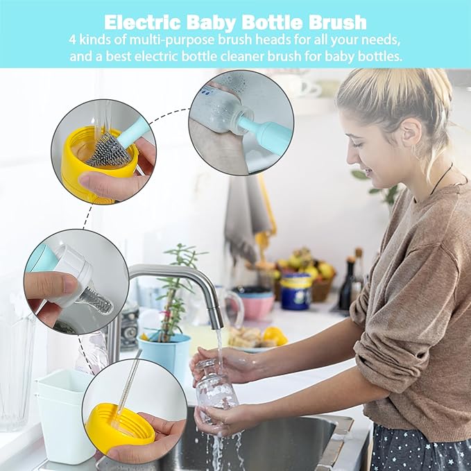 Electric Baby Bottle Brush Set with Rechargeable Electric Bottle Brush Cleaner and Replaceable Silicone Bottle Brushes and Straw Brush Cleaner Waterproof Multi-Purpose Cleaning Brush(Blue)