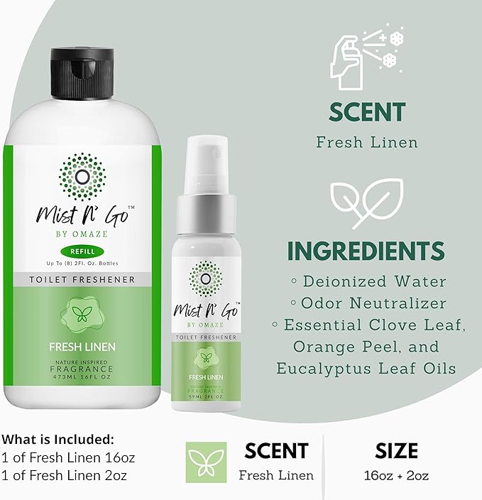 Mist N' Go by OMAZE Bathroom Odor Spray for Toilet Spray Refill Bottle - Multitasking Toilet Spray - Bathroom Spray Odor Eliminator for Strong Odors | Fresh Linen 16oz + 2oz