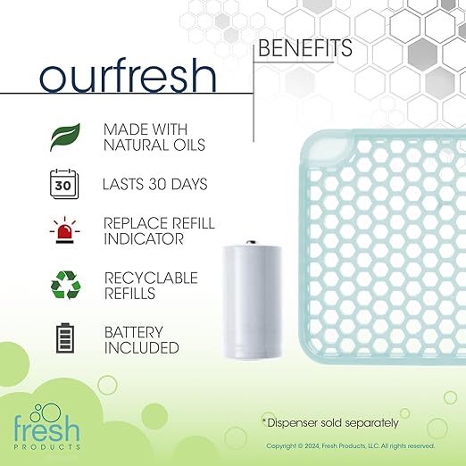 Fresh Products ourfresh 2 Air Freshener Replace Metered Aerosol with Dry Fragrance 30 Day Use Medium Sized Spaces Light Activated Battery Operated Batteries Included Spa Minerals 8 pk