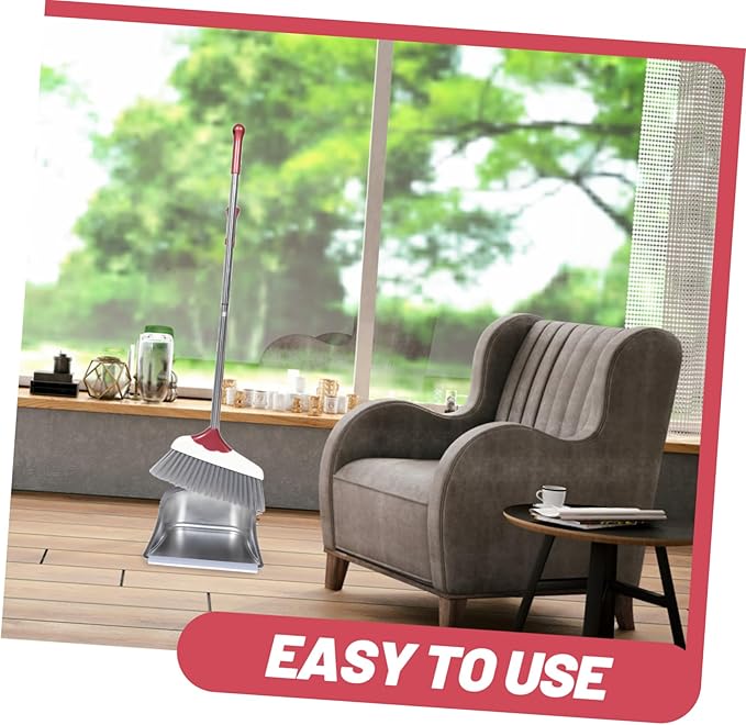 POPETPOP 1set Stainless Steel -Handle Broom and Dustpan for Home Cleaning Ergonomic Design Flexible Bristles Wind Dustpan for Easy Indoor and Outdoor Use