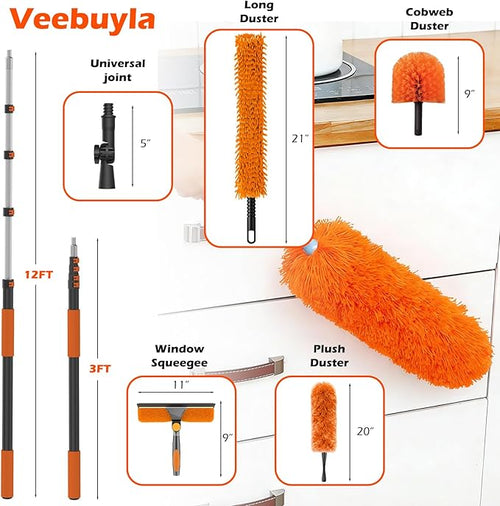 16FT Reach High Ceiling Duster Kits with 3-12FT Adjustable Pole - Includes Extra Long Duster High Ceiling Duster Rotatable Window Squeegee &amp Cobweb Duster for Ceiling Fans and Whole House Cleani