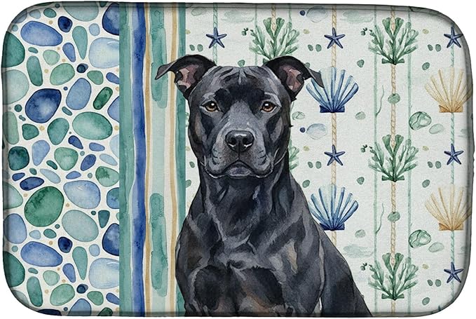 Caroline's Treasures Black American Staffordshire Terrier Coastal Sea Glass Dish Drying Mat Absorbent Dish Drying Mat Pad for Kitchen Counter Dish Drainer Mat for Countertop 14 x 21 Multicolor