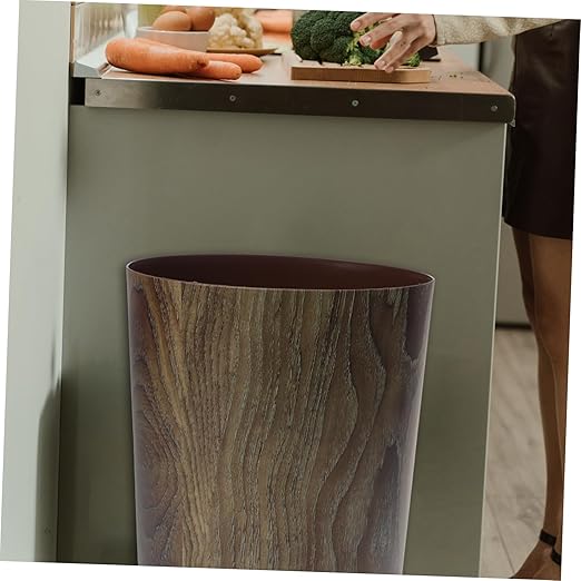 Imitation Wood Grain Trash Can Vintage Style Round Wastebasket for Home Office Kitchen Bathroom Lightweight Clean Capacity Garbage Container