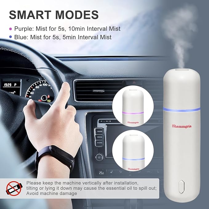 Car Air Freshener Diffuser Motion Sensor Waterless Essential Oil Diffuser for Car USB Rechargeable Air Freshener with 6 Refill Scent（Hilton/Sandwood/WhiteTea/Diamond/GreenBamboo/Pachuli