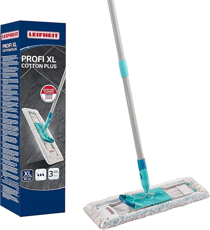 Leifheit Profi XL Cotton Plus Flat Mop with 146 cm Handle 42 cm Large Flat Floor Mop Head 360° Universal Joint for Easy Steering Highly Absorbent for Stone and Tile Floors