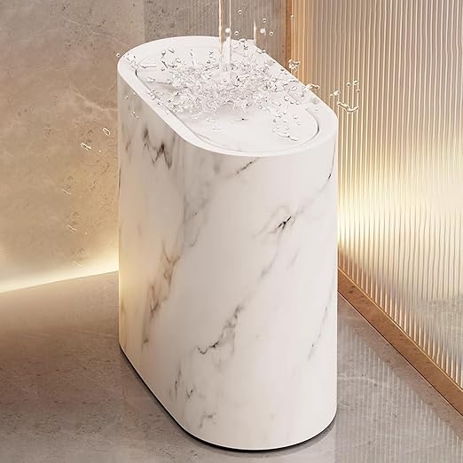 Waste Basket for Bathroom with Lids Plastic Marble Wood Pattern Trash Can Small Garbage Bin with Lid for Bathroom Narrow Waste Basket Modern Waste Basket for Home (White-11.6 * 11.2'')