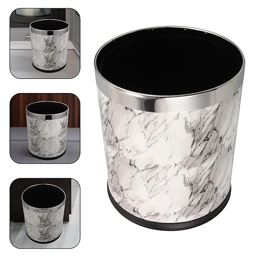 Marble Pattern Wastebasket Trash Can 225X260Mm Double-Layer Plastic PU Coating Office and Home Bathroom Living Room Waste Bin