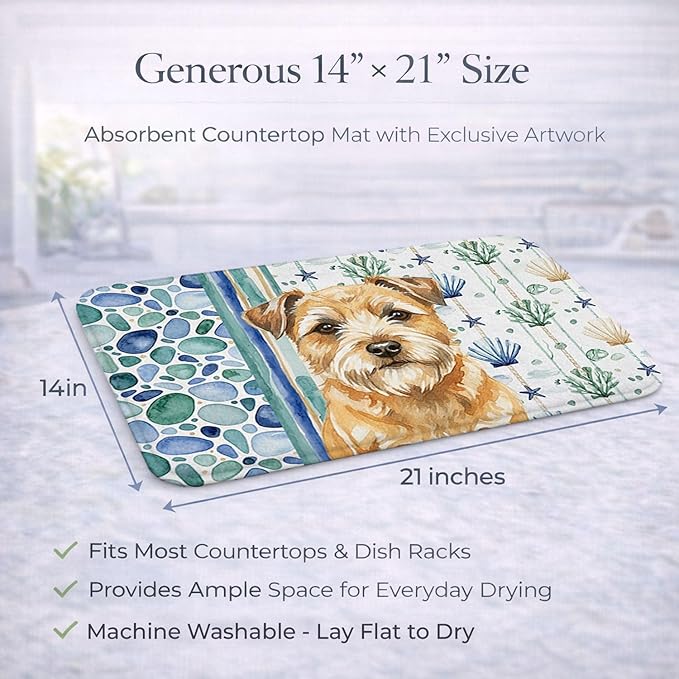 Caroline's Treasures Wheaten Border Terrier Coastal Sea Glass Dish Drying Mat Absorbent Dish Drying Mat Pad for Kitchen Counter Dish Drainer Mat for Countertop 14 x 21 Multicolor