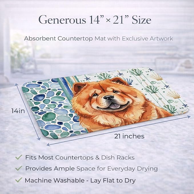 Caroline's Treasures Red Chow Chow Coastal Sea Glass Dish Drying Mat Absorbent Dish Drying Mat Pad for Kitchen Counter Dish Drainer Mat for Countertop 14 x 21 Multicolor