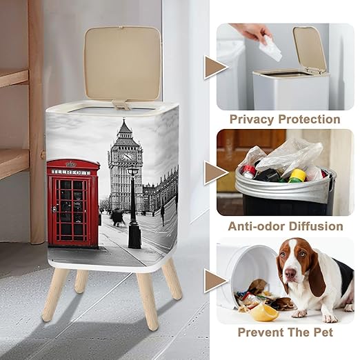 Small Trash Can with Lid London London Telephone boxs Pictures 2.6 Gallon/10L Garbage Can Waste Bin with Pop-Up Lid Wood Legs Wastebasket for Bathroom Kitchen Bedroom