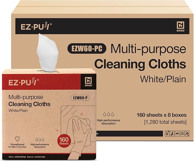 EZbrnd Multi-Purpose Cleaning Cloths Towels Pop Up Box White Shop Towels 160 Sheets x 8 boxes [X60]