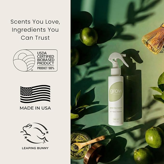 Grow Fragrance Spring 3-Pack – Non-Toxic Air Freshener Spray – Green Tea Matcha Hibiscus Tea &amp Wildflower Rain – 100% Plant-Based Essential Oils – Safe for Home Car &amp Linens – 5 oz Each