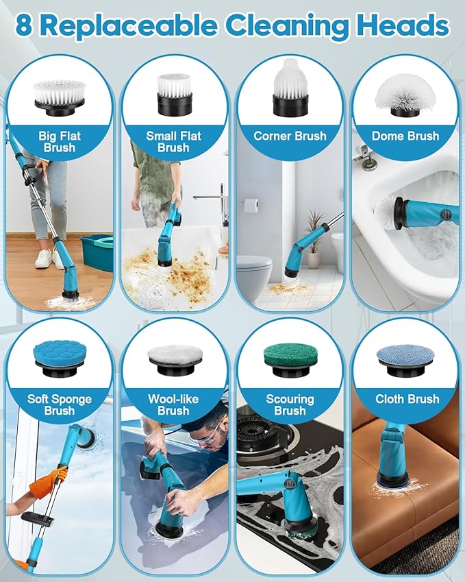 Updated 1500 RPM Battery Electric Spin Scrubber with Handle 8 Replaceable Shower Scrubber &amp 2 Battery Powered Cleaning Brush with Display 3 Speed &amp Adjustable Handle Cordless Power Scrubber f