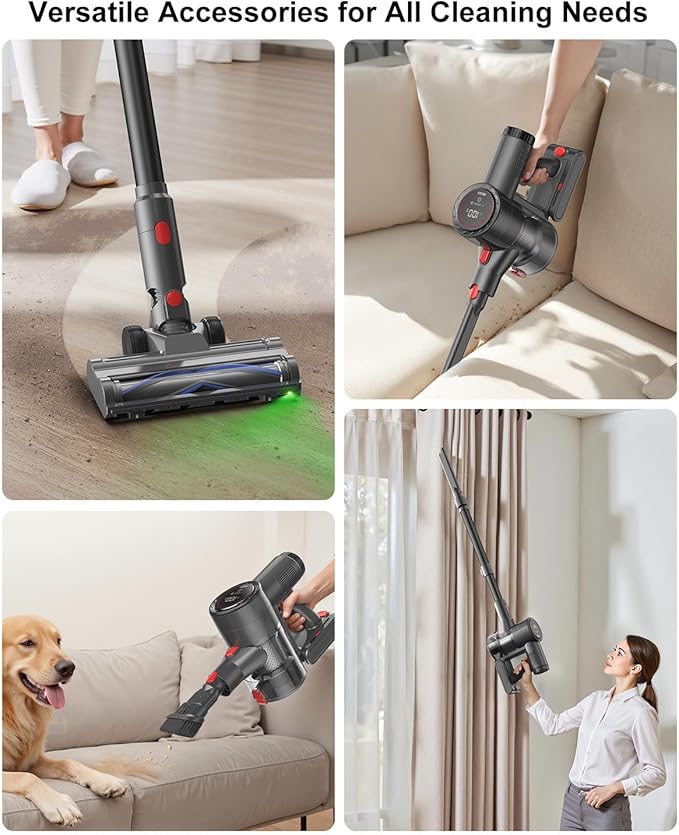 Cordless Vacuum Cleaner Stick Vacuum Rechargeable 550W 45KPA Powerful Suction Lightweight Vacuum Cleaners for Home Anti-Tangle Self Standing for Pet Hair Hardwood Floor Carpet - Black