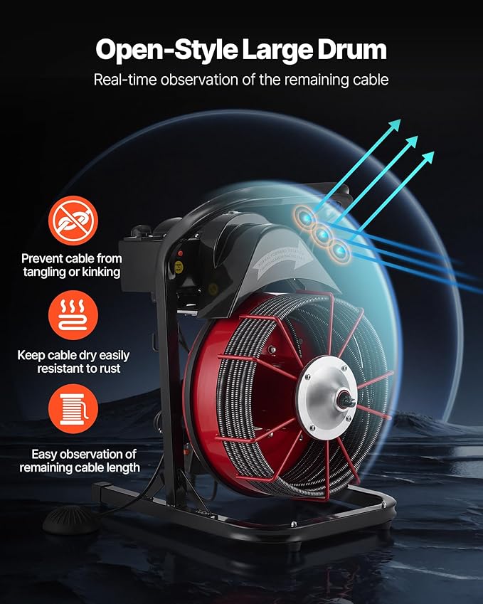 VEVOR Drain Cleaner Machine 75 FT x 3/8 Inch Sewer Snake Auger Manual Feed with 4 Cutters &amp Air-activated Foot Switch for 2 to 4 Pipes