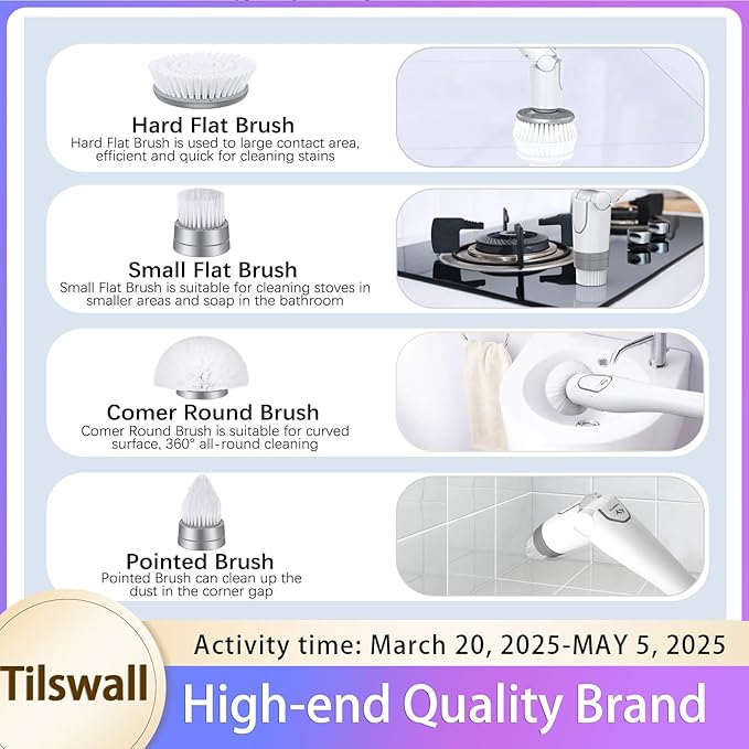 Tilswall Cordless Electric Spin Scrubber - IPX7 Waterproof Cleaning Brush with 180Min Runtime &amp 43 Extendable Handle Ideal Gift for Home/Bathroom/Car (Includes 4 Brush Heads)