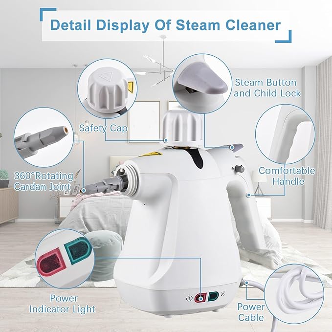 Handheld Steam Cleaner with 10 Accessories1000W High Power and 3.0 BAR PressureMultipurpose Steam Cleaner for HomeSteam Mop for Cleaning DirtOil StainsCarpetsFloorsSofasCars (White)