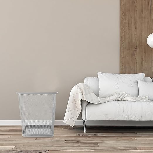 PRETYZOOM Household Metal Mesh Design Trash Can Breathable Large Waste Bin for Bedroom Living Room Kitchen and Office Sleek Silver Square Garbage Container