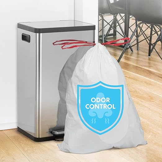 Simpli-Magic 13 Gallon Drawstring Trash Bags Code B 120 Pack – Tall Kitchen Garbage Bags Custom Made with Premium Materials (White)