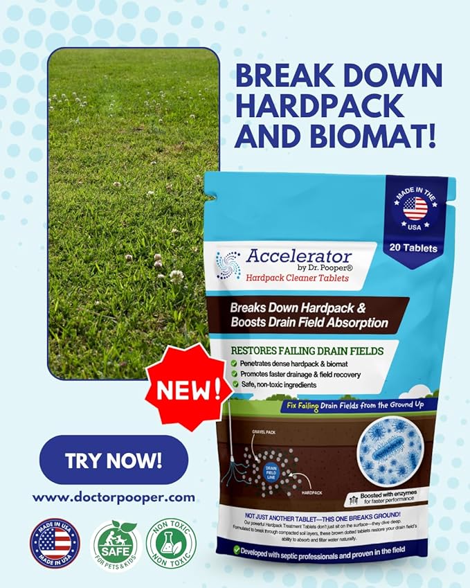 Accelerator by Dr. Pooper® – Hardpack Cleaner Tablets for Septic Systems | Breaks Down Hardpack &amp Boosts Drain Field Absorption | 20 Tablets - Use with our tool kit — available separately