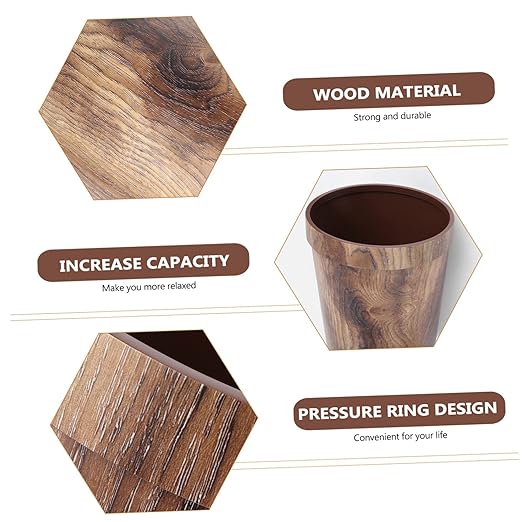 Healifty Vintage Wood Grain Trash Can Large Round Wastebasket for Bedroom Kitchen Living PP Material with Bag Holder Home Office Container