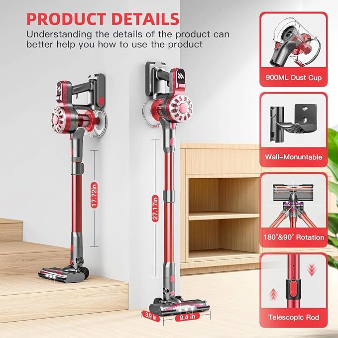 Vacuum Cleaner for HomeStick Vacuum Cordless Rechargeable up to 35 Mins Runtime Hardwood Floor Vacuum for Pet HairCarpetsTile(Red)