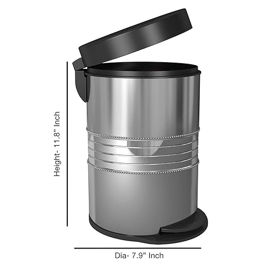 nu steel 5 Liter Round Small Metal Step Trash Can Wastebasket Garbage Container Bin - for Bathroom Powder Room Bedroom Kitchen Office - Removable Liner Bucket - 8 x 8 x 12 – Shiny Steel
