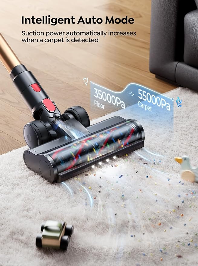 Cordless Vacuum Cleaner 55KPA 650W 70Mins Stick Vacuum Cleaners for Home with Motorized Bed Brush Flexible Hose LED Touchscreen Auto Mode Self-Standing &amp Wall Mount for Pet Hair Carpet Floor